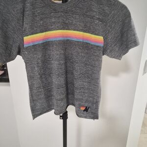 Aviator Nation Gray Tee with Neon Rainbow Stripe